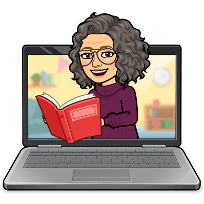 Decorative image cartoon version of Ms. SB popping out of a laptop reading a book
